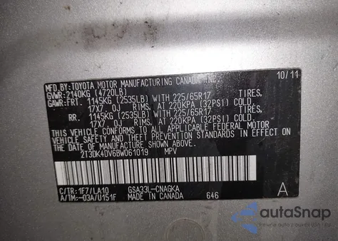 2011 Toyota Rav4 Limited V6 z USA, uszkodzony, nr VIN 2T3DK4DV6BW061019